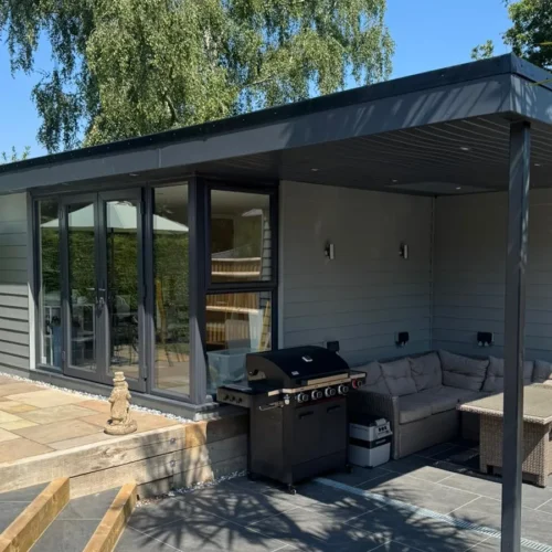 grey cladding garden entertainment room build in Corfe Mullen